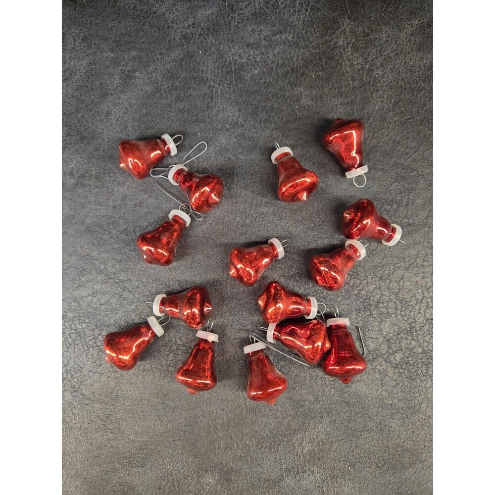 14 Vtg Miniature Red Christmas Bell Ornaments Tiny 1" Mid Century Holiday Lot